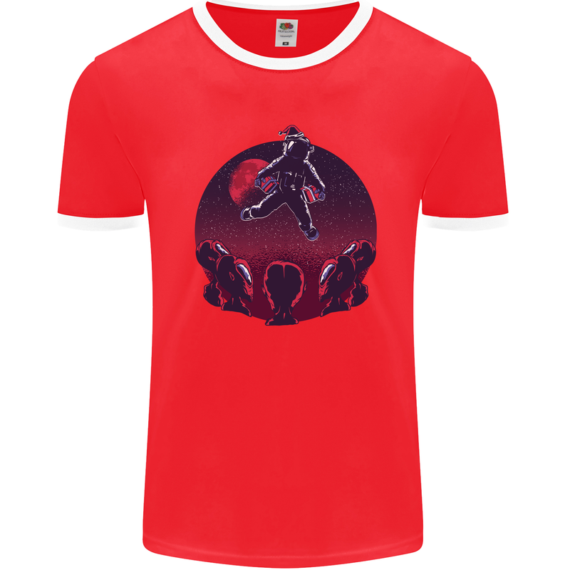 Astronaut Santa & Aliens Christmas Planets Xmas Mens Ringer T-Shirt FotL Red/White