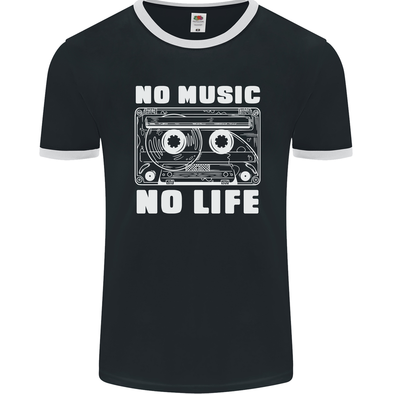 No Music No Life Retro Audio Cassette Mens Ringer T-Shirt FotL Black/White