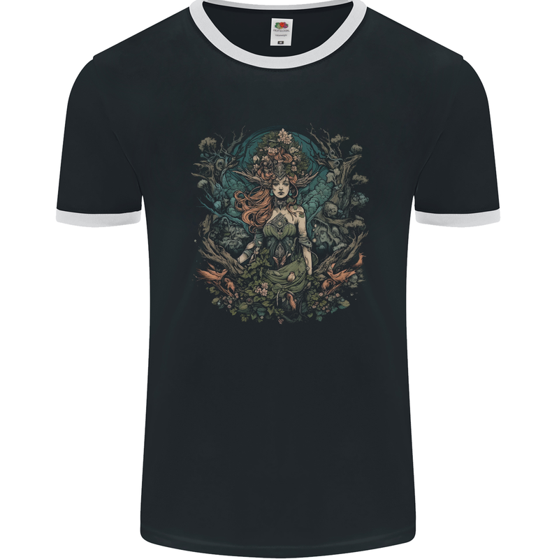 Queen of Nature Fantasy Pagan Mens Ringer T-Shirt FotL Black/White