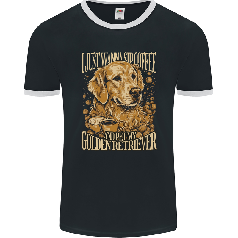 Coffee and Golden Retriever Funny Dog Mens Ringer T-Shirt FotL Black/White