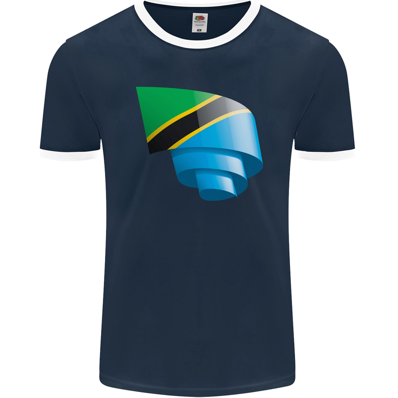 Curled Tanzania Flag Tanzanian Day Football Mens Ringer T-Shirt FotL Navy Blue/White