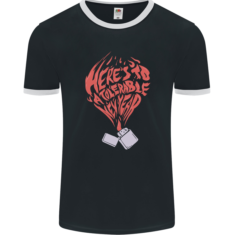 Here's to a Tolerable New Year Cigarette Lighter Mens Ringer T-Shirt FotL Black/White