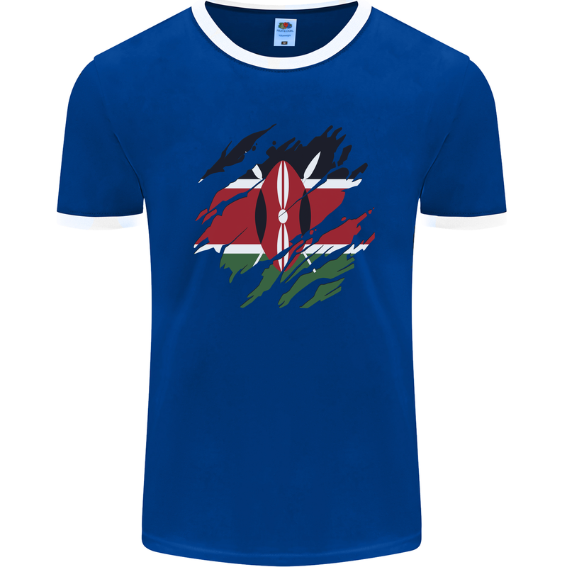 Torn Kenya Flag Kenyan Day Football Mens Ringer T-Shirt FotL Royal Blue/White