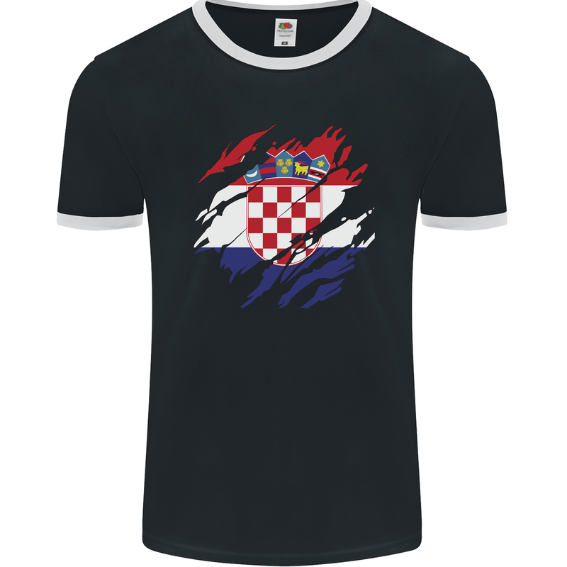 Torn Croatia Flag Croatian Day Football Mens Ringer T-Shirt FotL Black/White