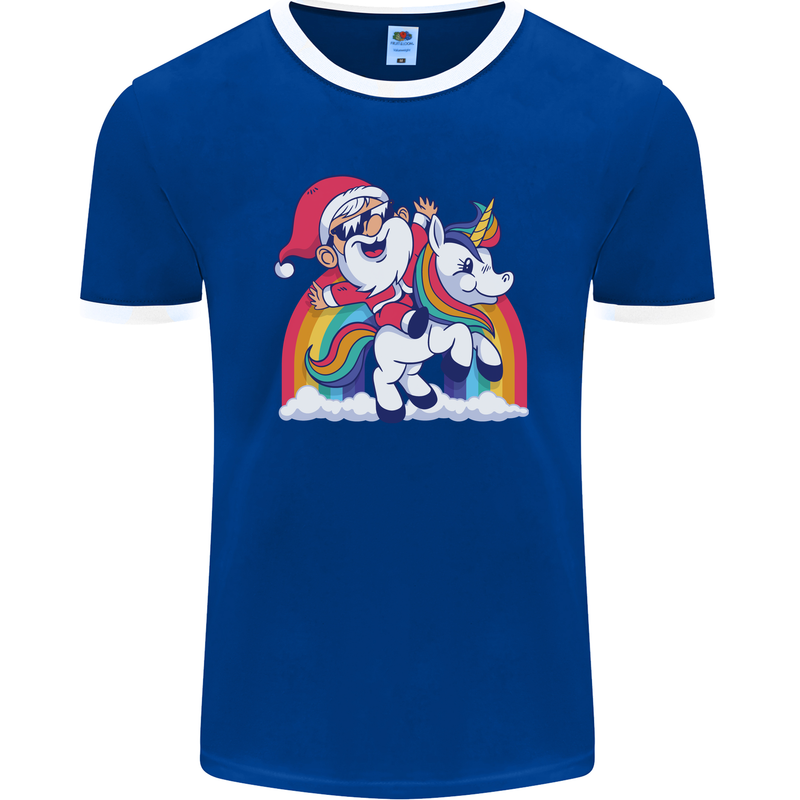 Christmas Santa Claus On a Unicorn Xmas Mens Ringer T-Shirt FotL Royal Blue/White