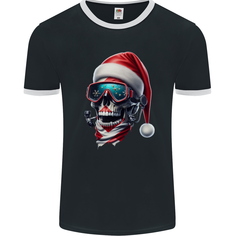 Christmas Scuba Diving Skull Xmas Hat Mens Ringer T-Shirt FotL Black/White