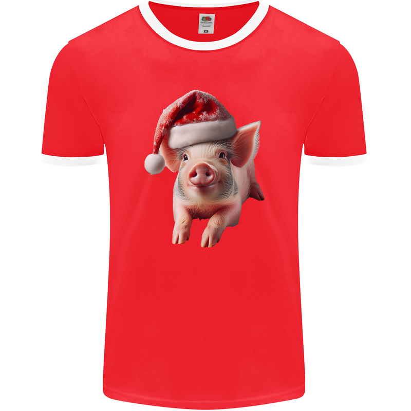 Christmas Pig Wearing Xmas Hats Piglets Mens Ringer T-Shirt FotL Red/White