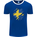 Torn Swedish Flag Sweden Day Football Mens Ringer T-Shirt FotL Royal Blue/White