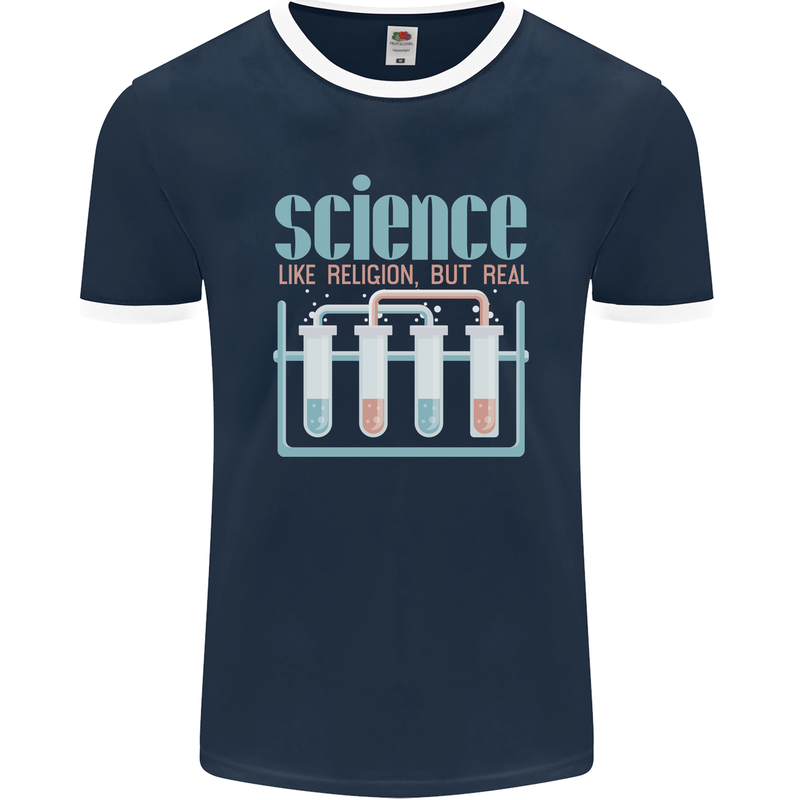 Science Like Religion Atheist Atheism Evolution Mens Ringer T-Shirt FotL Navy Blue/White
