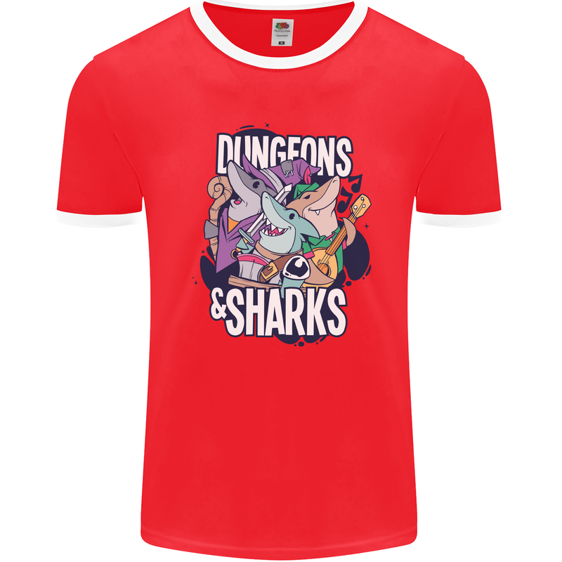 Dungeons & Sharks Role Play Games RPG Mens Ringer T-Shirt FotL Red/White