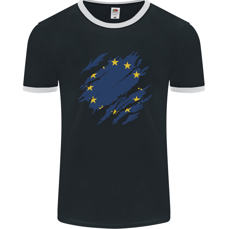 Torn EU Flag European Union Flag Football Mens Ringer T-Shirt FotL Black/White