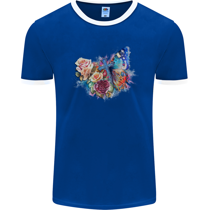 Christian Cross & Butterfly With Flowers Mens Ringer T-Shirt FotL Royal Blue/White