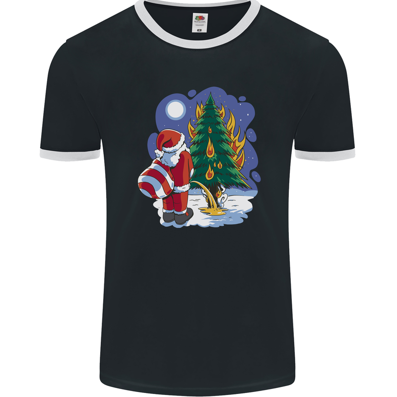 Santa Peeing on a Christmas Tree Xmas Funny Mens Ringer T-Shirt FotL Black/White