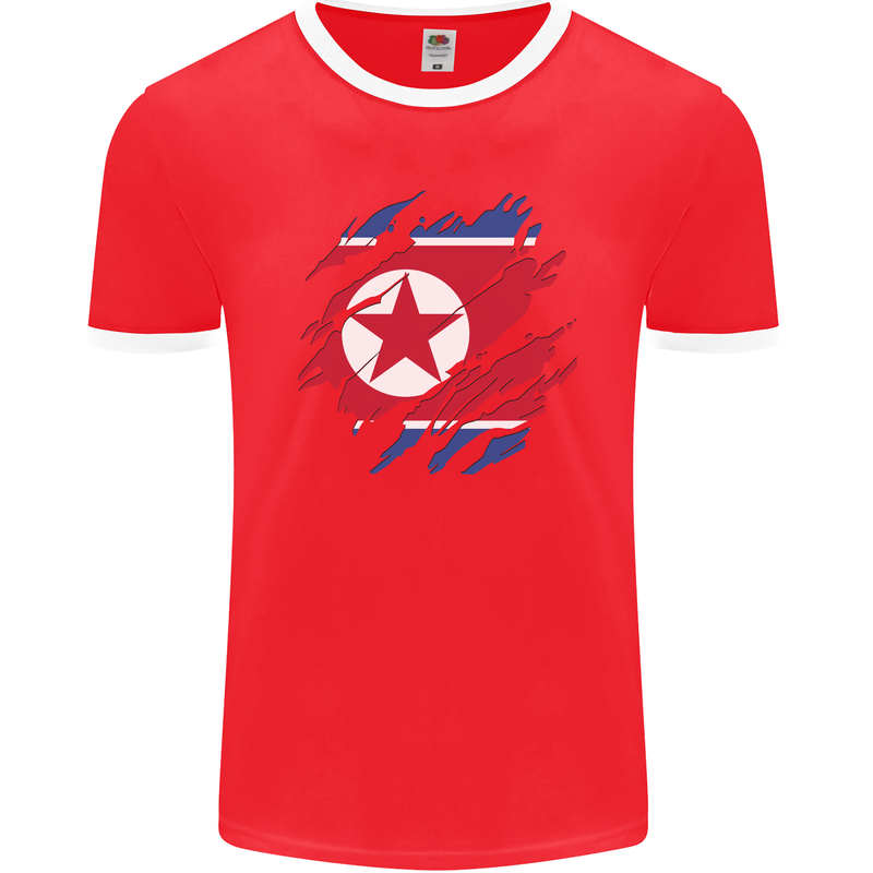 Torn North Korea Flag Korean Day Football Mens Ringer T-Shirt FotL Red/White