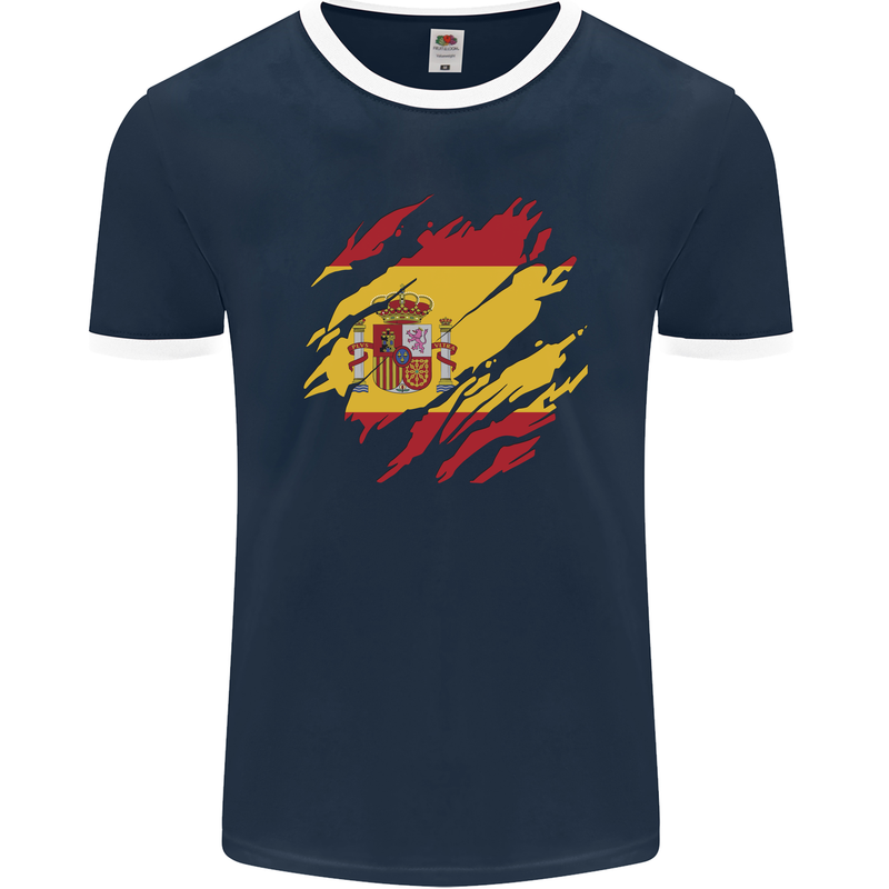 Torn Spain Flag Spanish Day Football Mens Ringer T-Shirt FotL Navy Blue/White