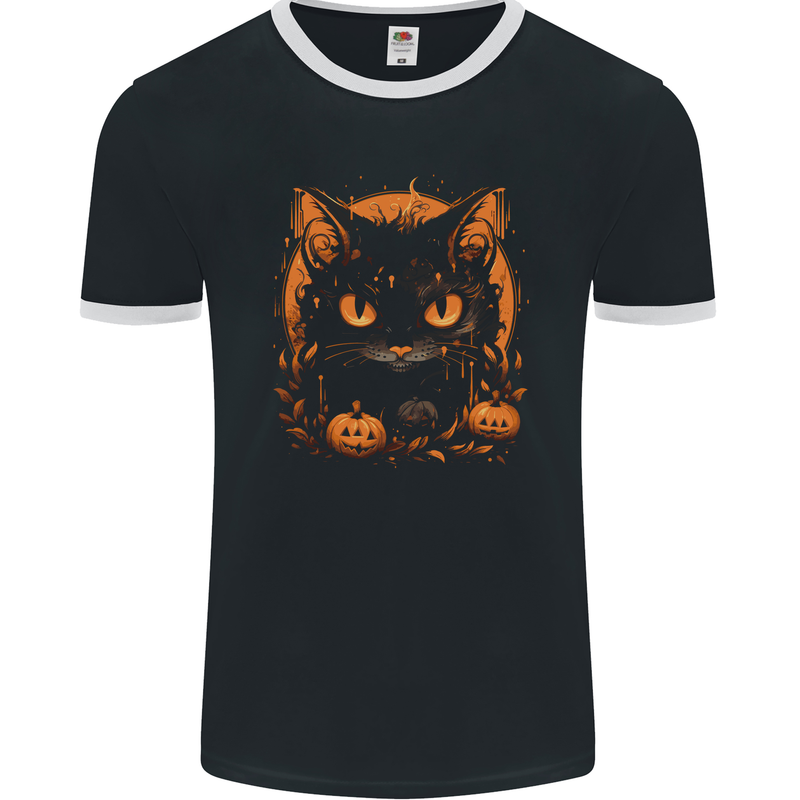 Halloween Cat With Pumpkins Mens Ringer T-Shirt FotL Black/White