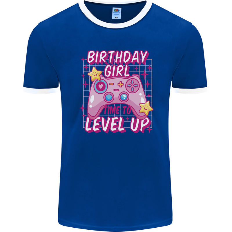 Birthday Girl Level Up Gaming Gamer 6th 7th 8th Mens Ringer T-Shirt FotL Royal Blue/White