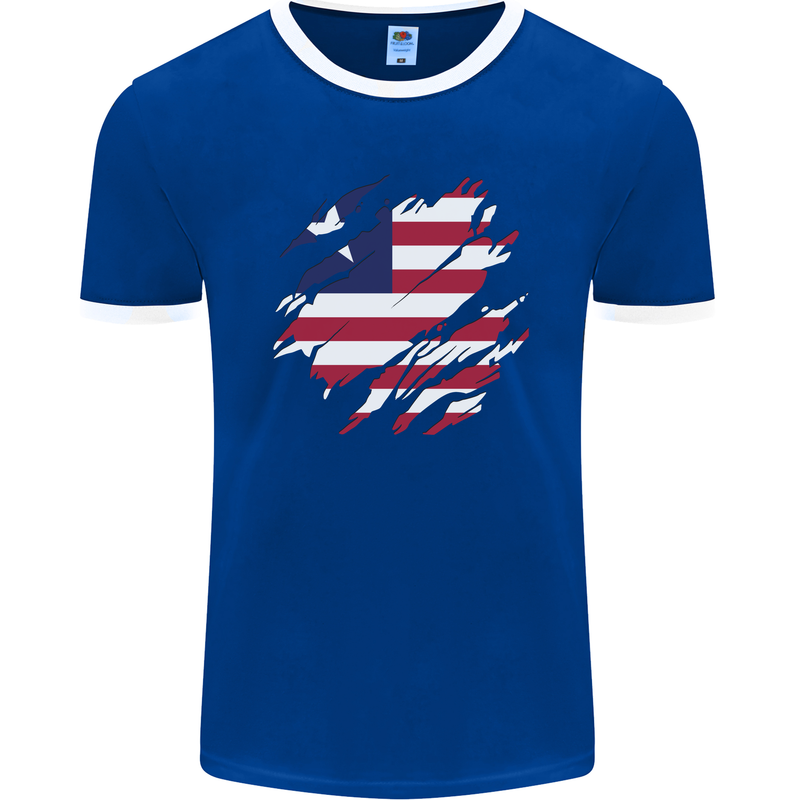 Torn Liberia Flag Liberian Day Football Mens Ringer T-Shirt FotL Royal Blue/White