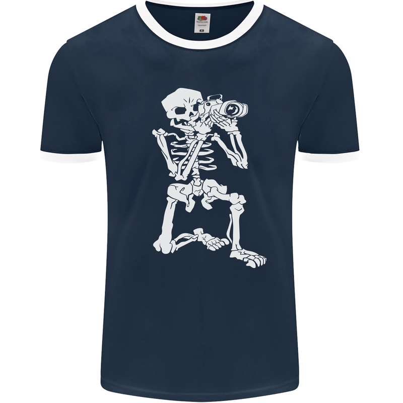 Skeleton Photographer Photography Mens Ringer T-Shirt FotL Navy Blue/White