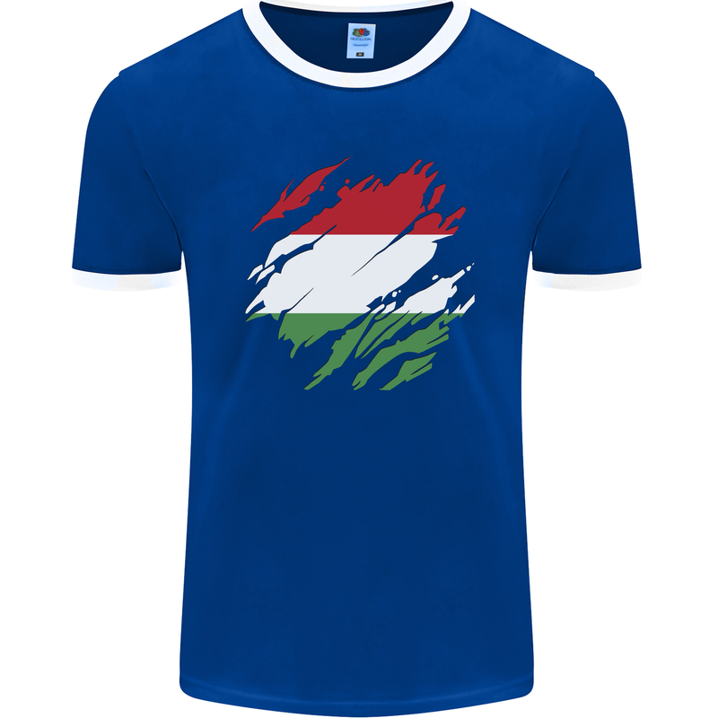 Torn Hungary Flag Hungarian Day Football Mens Ringer T-Shirt FotL Royal Blue/White