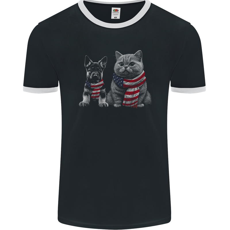 Cat and German Shepherd in USA Scarf Alsatian Dog Mens Ringer T-Shirt FotL Black/White