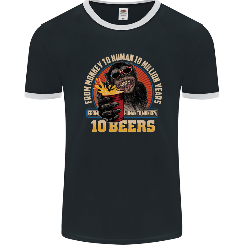 Human to Monkey in 10 Beers Funny Alcohol Mens Ringer T-Shirt FotL Black/White