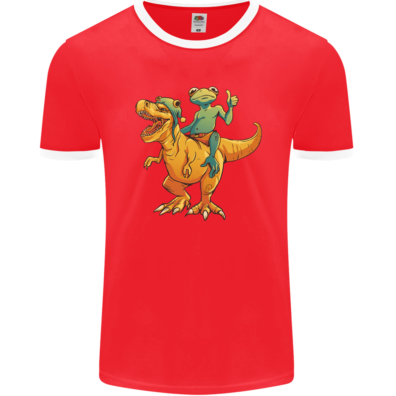 T-Rex and a Frog Dinosaur Mens Ringer T-Shirt FotL Red/White