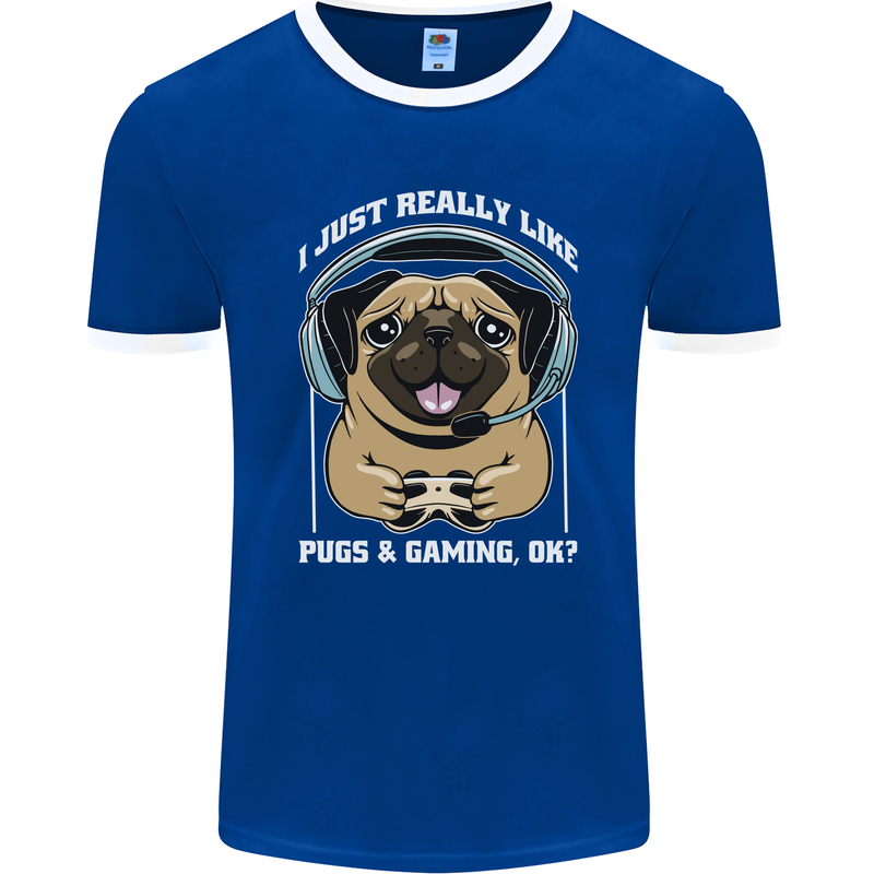 Love Pugs and Gaming Gamer Mens Ringer T-Shirt FotL Royal Blue/White