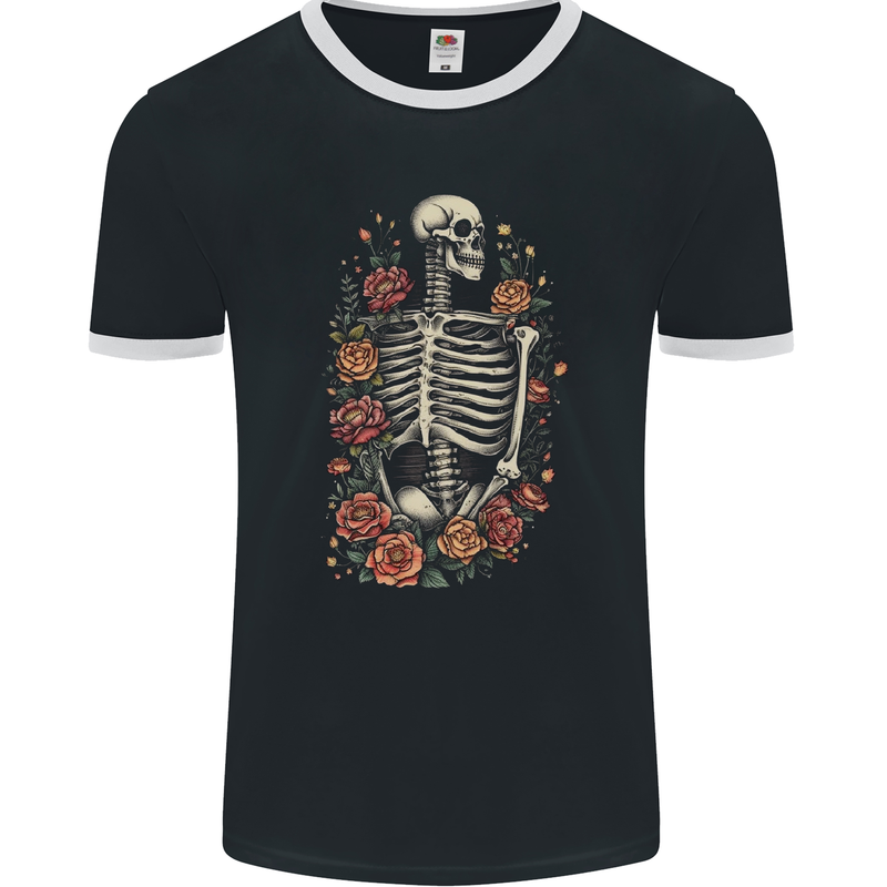 A Skeleton With Flowers Skull Mens Ringer T-Shirt FotL Black/White