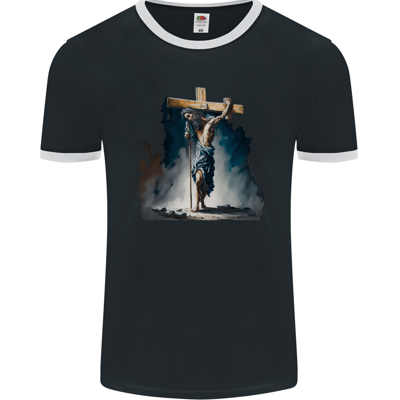 Jesus Christ Carrying His Cross Mens Ringer T-Shirt FotL Black/White