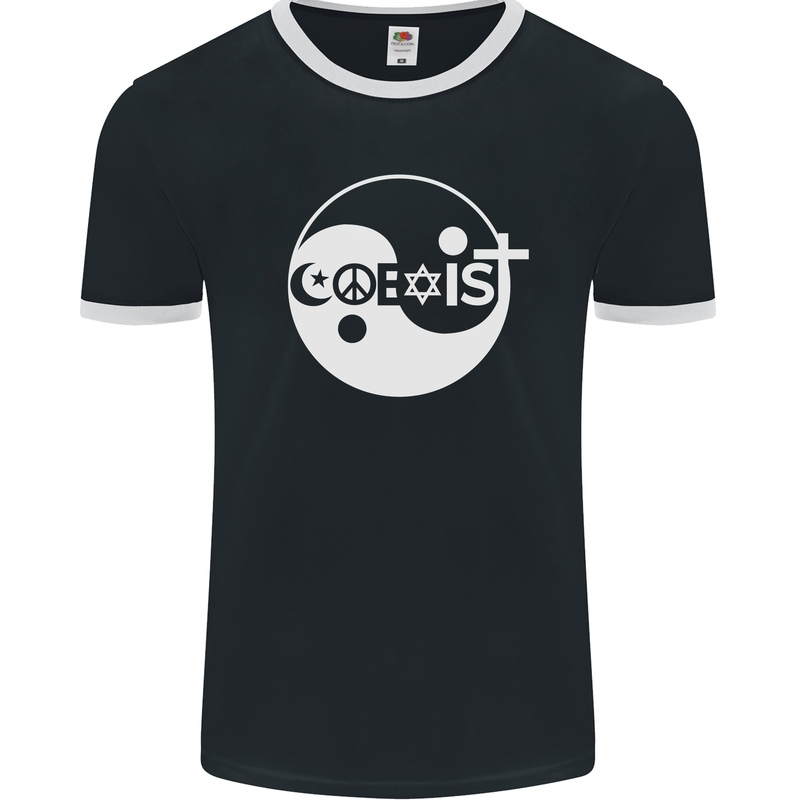 Coexist World Peace Love Religion Hippy Anti War Mens Ringer T-Shirt FotL Black/White