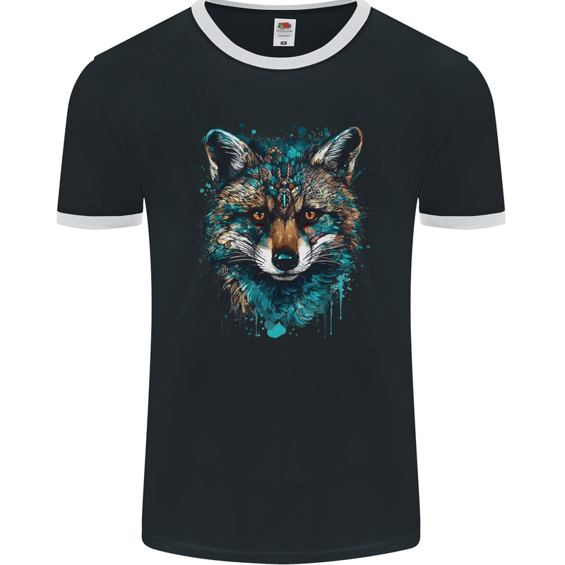 Tribal Fox With a Watercolour Effect Mens Ringer T-Shirt FotL Black/White