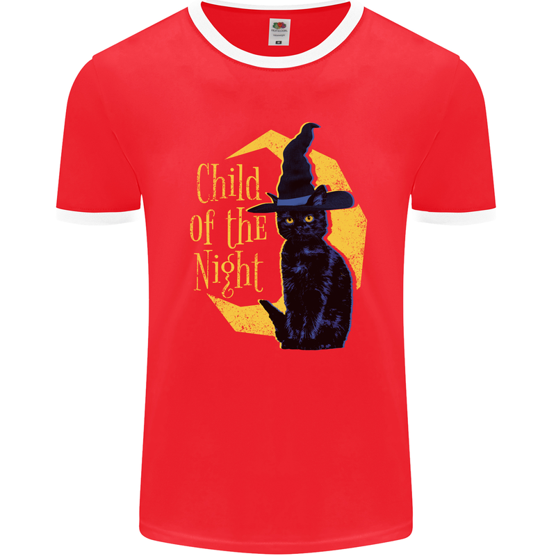 Child of the Night Halloween Black Cat Witch Mens Ringer T-Shirt FotL Red/White