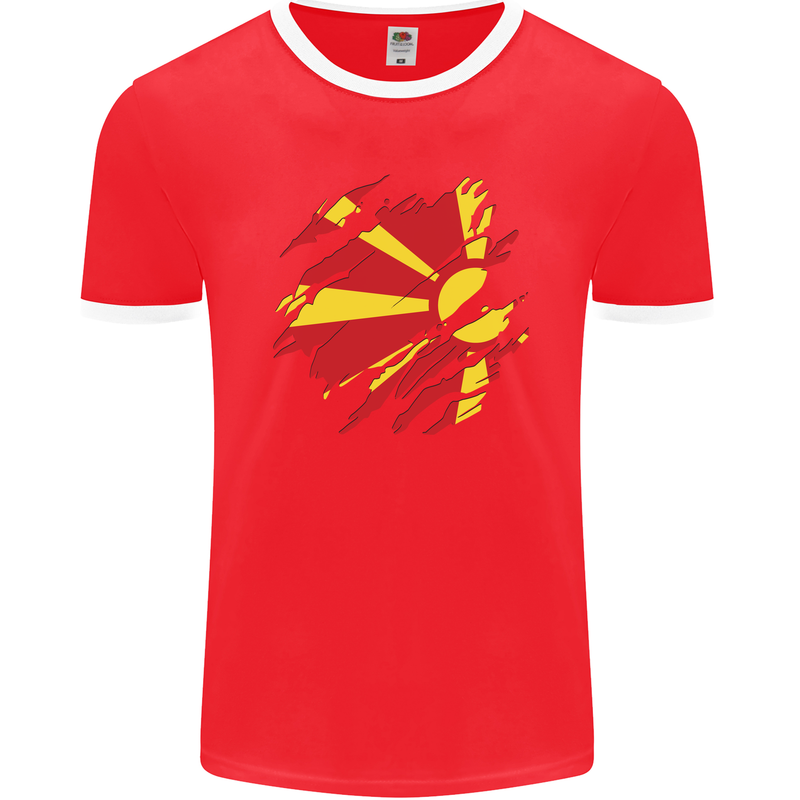 Torn Macedonia Flag Macedonian Day Football Mens Ringer T-Shirt FotL Red/White