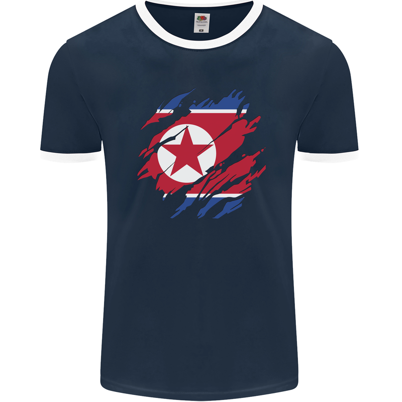 Torn North Korea Flag Korean Day Football Mens Ringer T-Shirt FotL Navy Blue/White