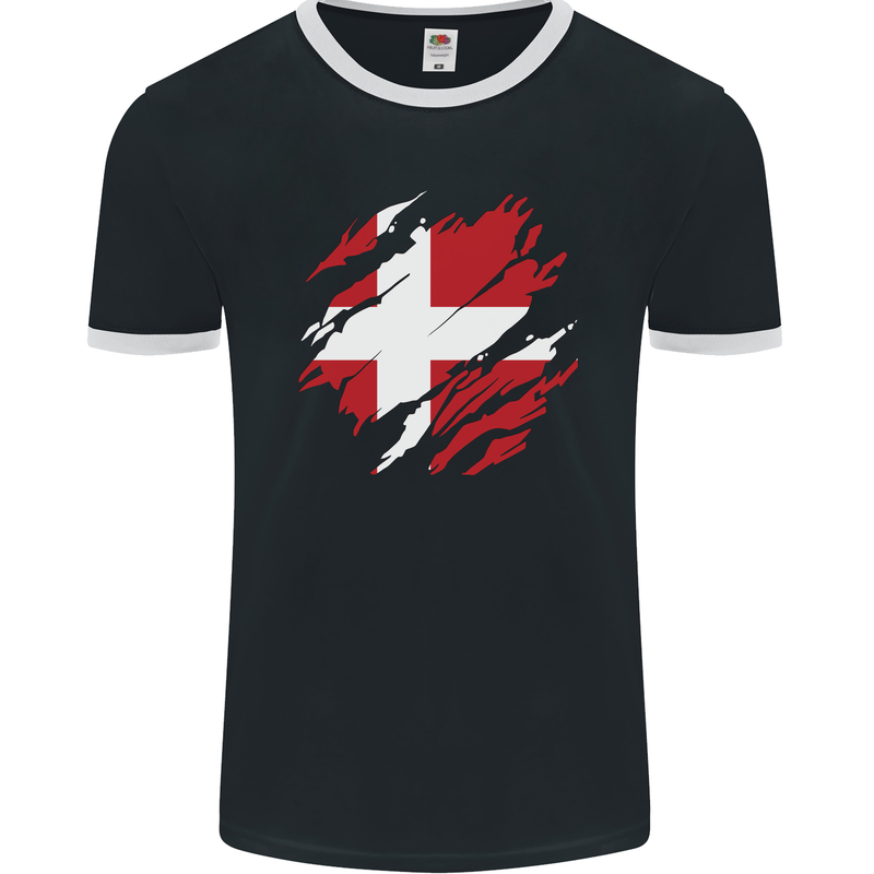 Torn Denmark Flag Danish Day Football Mens Ringer T-Shirt FotL Black/White