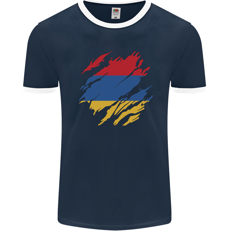 Torn Armenia Flag Armenian Day Football Mens Ringer T-Shirt FotL Navy Blue/White