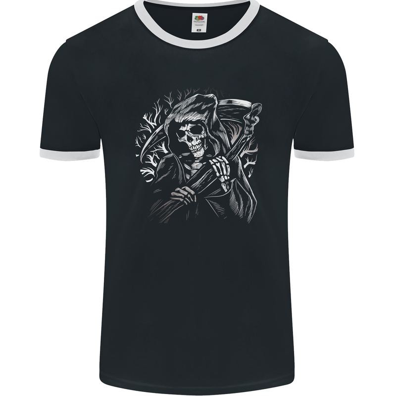 Grim Reaper Illustration Mens Ringer T-Shirt FotL Black/White