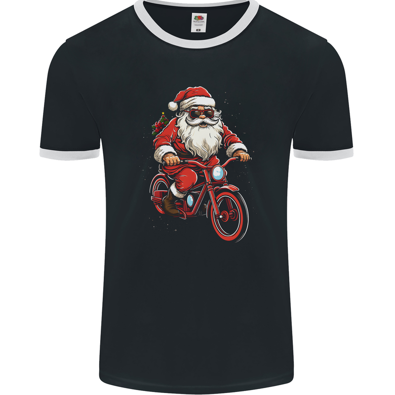 Christmas Cycling Santa Claus Bicycle Mens Ringer T-Shirt FotL Black/White