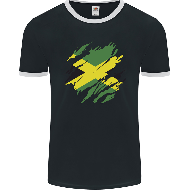 Torn Jamaican Flag Jamaica Day Football Mens Ringer T-Shirt FotL Black/White