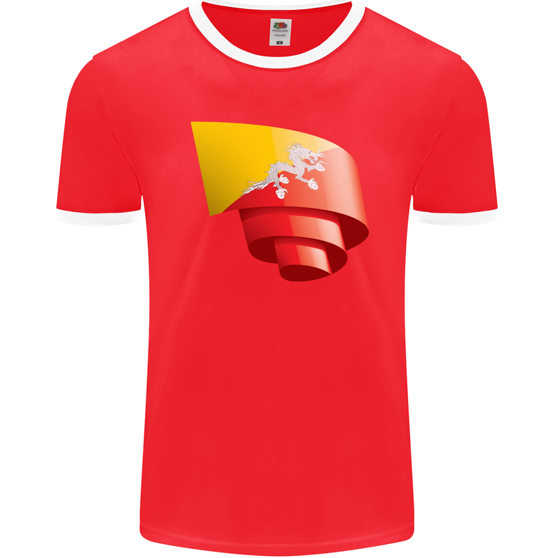 Curled Bhutan Flag Bhutanese Day Football Mens Ringer T-Shirt FotL Red/White