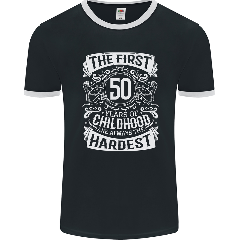 First 50 Years of Childhood Funny 50th Birthday Mens Ringer T-Shirt FotL Black/White