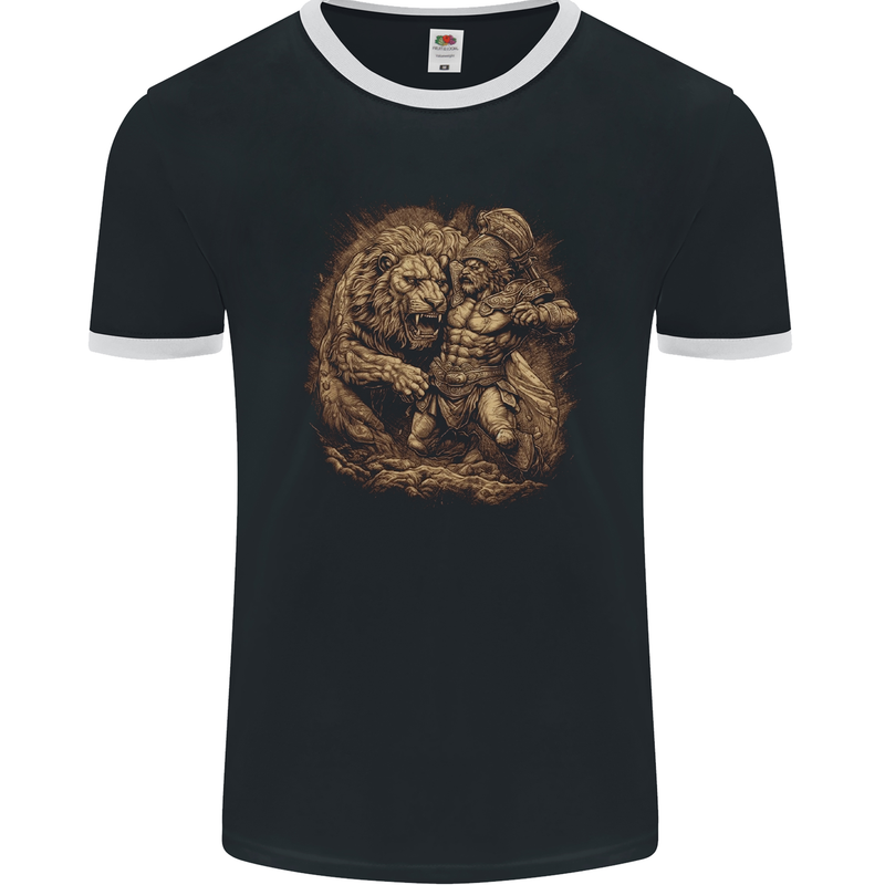 A Gladiator Fighting a Lion Warrior Gym MMA Mens Ringer T-Shirt FotL Black/White