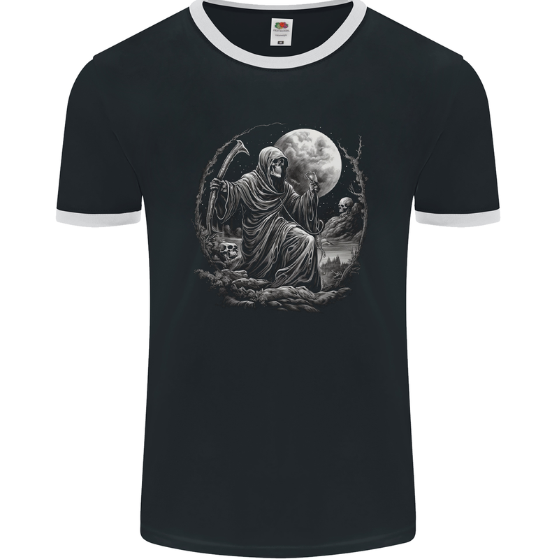 Grim Reaper With a Full Moon and Skulls Mens Ringer T-Shirt FotL Black/White