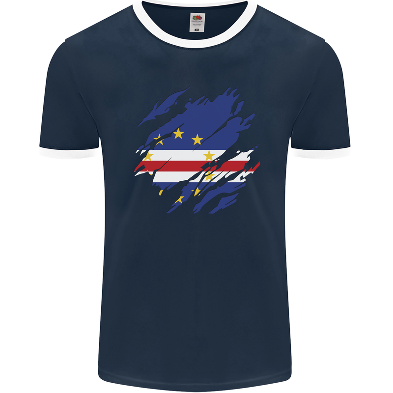 Torn Cape Verde Flag Verdean Day Football Mens Ringer T-Shirt FotL Navy Blue/White