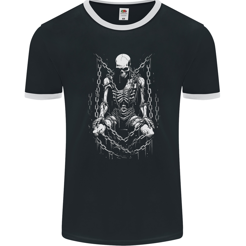 A Skeleton in Bondage Skull Horror Gothic Goth Mens Ringer T-Shirt FotL Black/White