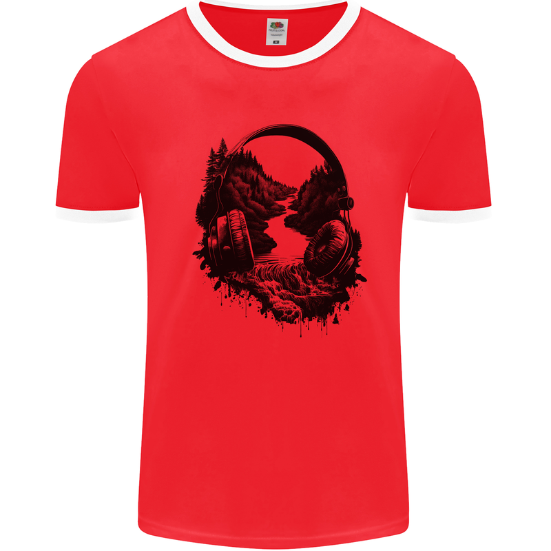 Headphones & Nature Music Trekking Hiking Mens Ringer T-Shirt Red/White