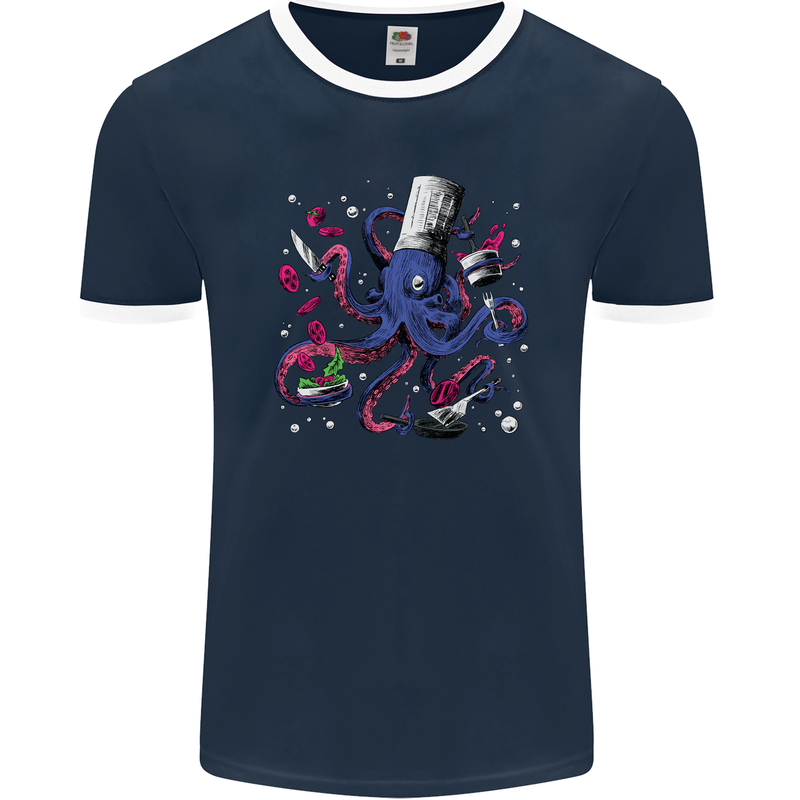 Octo Chef Funny Octopus Cook Cooking Mens Ringer T-Shirt FotL Navy Blue/White