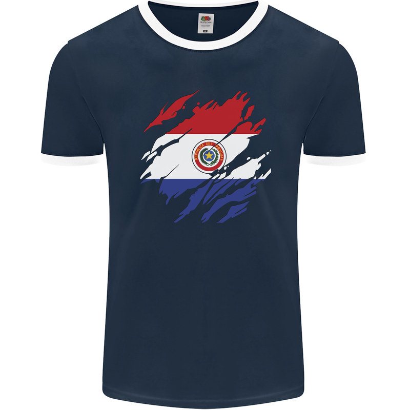 Torn Paraguay Flag Paraguayan Day Football Mens Ringer T-Shirt FotL Navy Blue/White