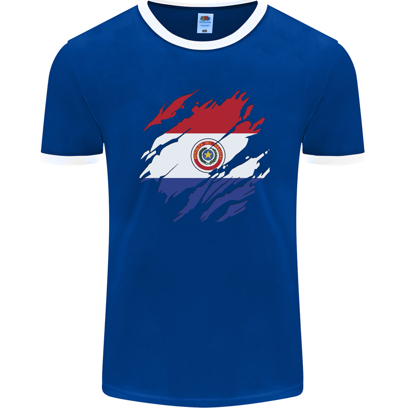 Torn Paraguay Flag Paraguayan Day Football Mens Ringer T-Shirt FotL Royal Blue/White